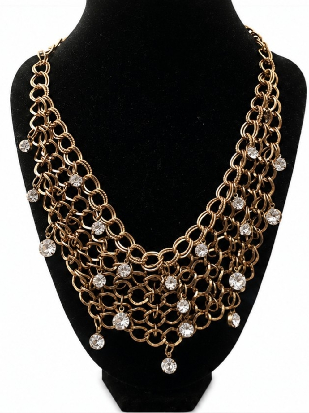 Gold Tone Multi-Strand Statement Bib Necklace Clear Rhinestone Chain